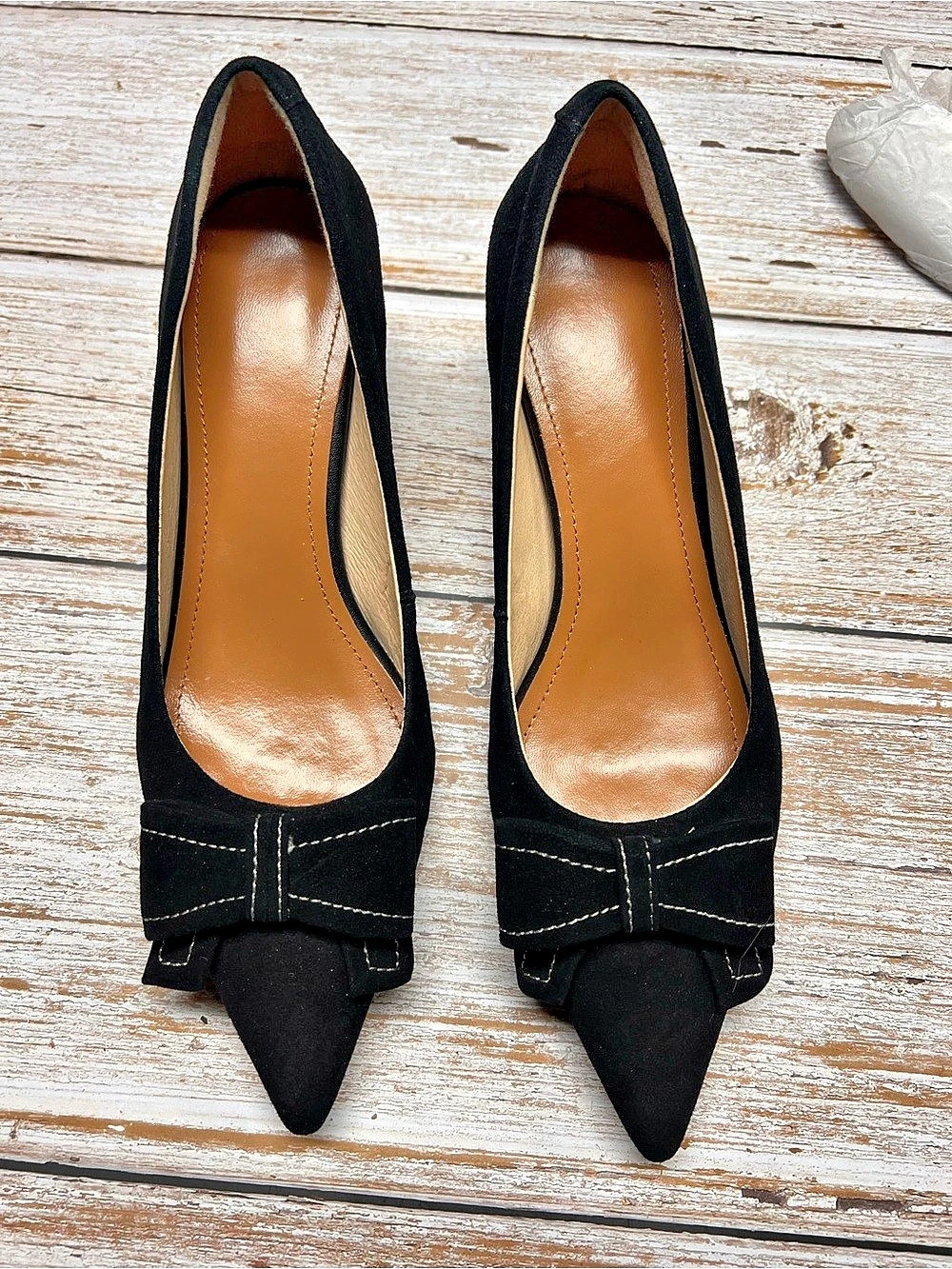 Black Suede Contrast-Stitch Bow Kitten Heels